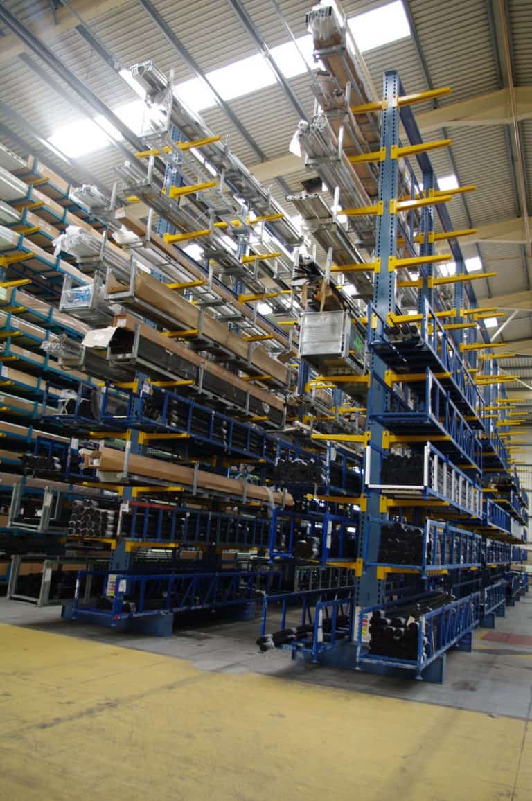 Cantilever racking for the safe storage of extrusions for the windows and conservatories industry