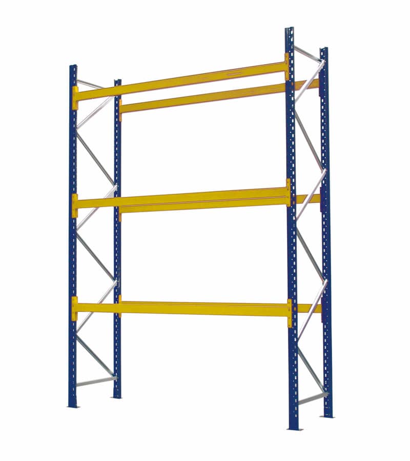 S.E.M.CO Pallet Racking Configuration in the yellow and blue colour-way. Designed to hold customer's products and enhance the companies storage abilities.
